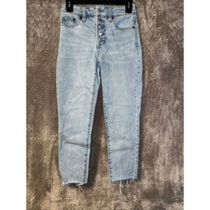 OAT High Rise Straight Crop Button Fly Raw Hem light wash Jeans Sz 25 #749